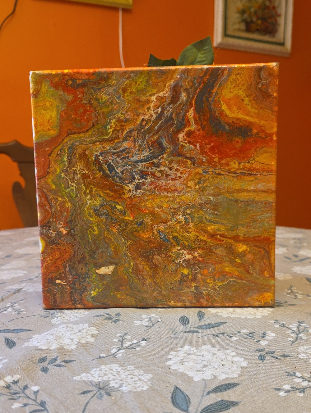 10x10 Abstract Fluid Art Canvas in Red, Yellow, Blue and Gray - Unbranded